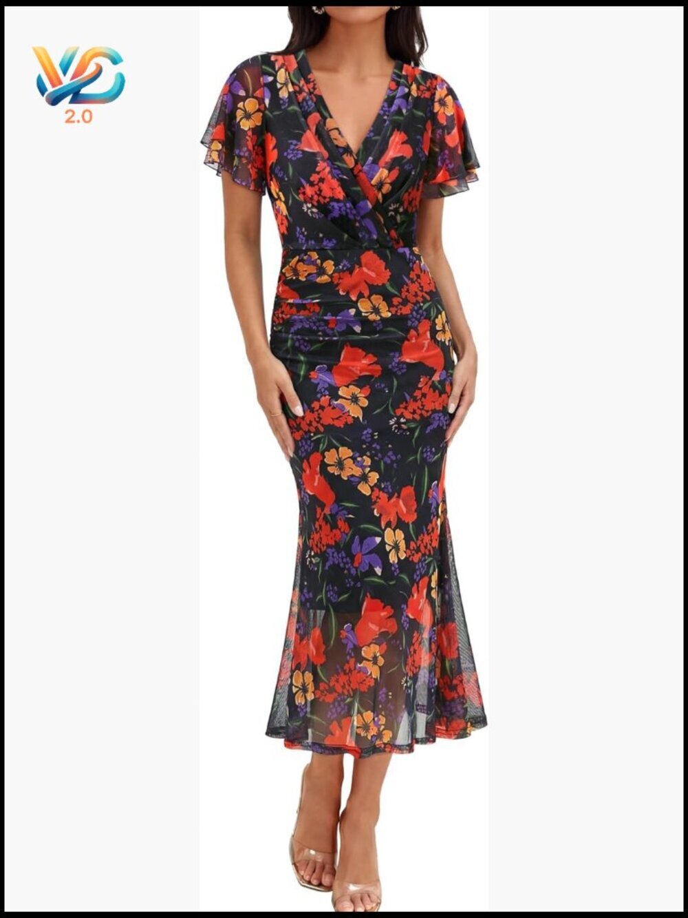 Ruffle Sleeve Maxi Dress with Ruched Detail & V-Neck